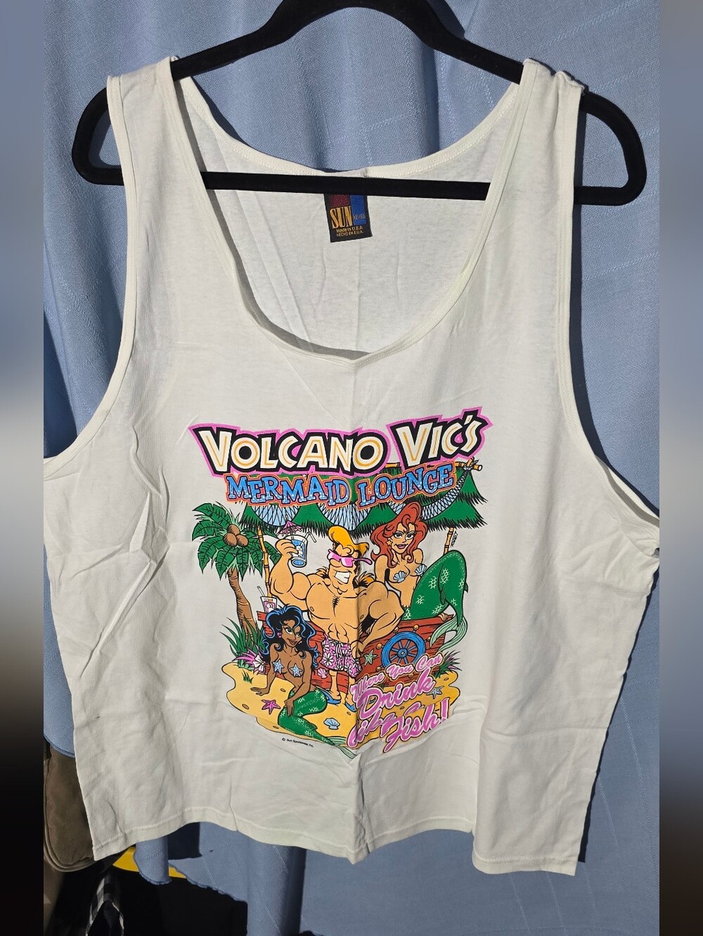 Volcano Vic's Mermaid Lounge Graphic Tank Top - White with Multicolor Print